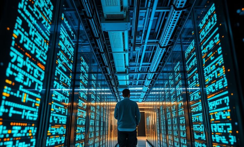 Servidores de dados e ecrãs digitais iluminados com linhas de código num moderno centro tecnológico global.