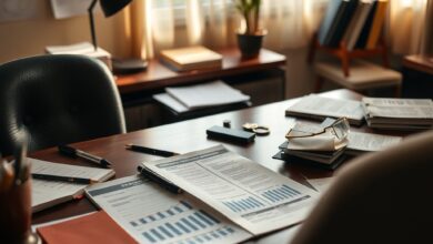 Notas de meticais moçambicanos organizadas sobre uma mesa de escritório com relatórios financeiros ao fundo