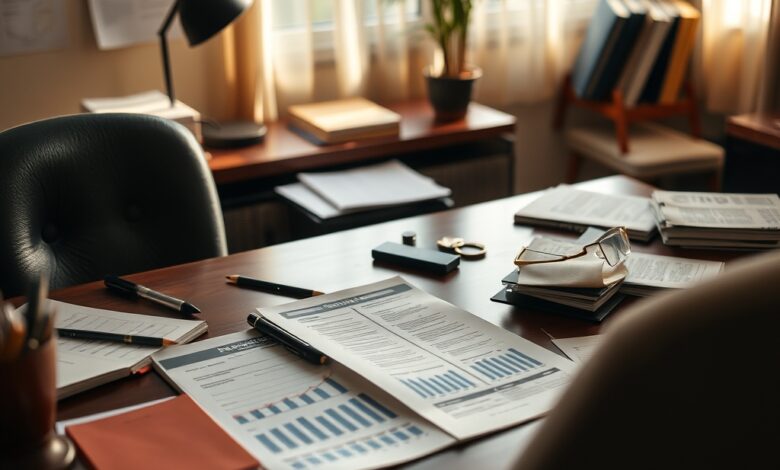 Notas de meticais moçambicanos organizadas sobre uma mesa de escritório com relatórios financeiros ao fundo