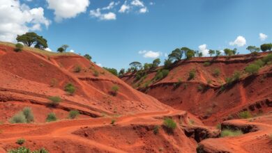Paisagem de terra vermelha com escavações de mineração artesanal tradicional numa área rural de Moçambique sob céu aberto