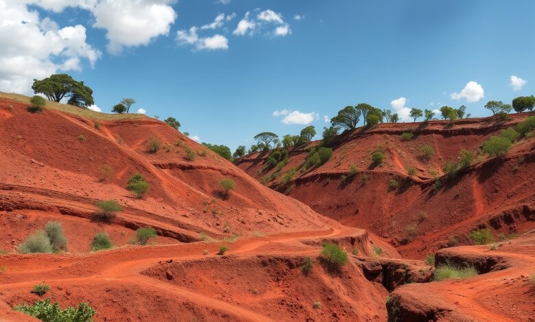 Paisagem de terra vermelha com escavações de mineração artesanal tradicional numa área rural de Moçambique sob céu aberto