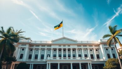Edifício de assembleia governamental com bandeira nacional ao vento durante um dia ensolarado na capital.