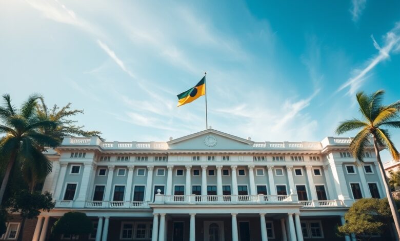 Edifício de assembleia governamental com bandeira nacional ao vento durante um dia ensolarado na capital.