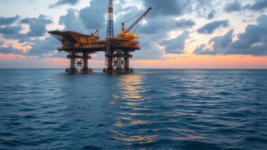 Plataforma industrial de extração de gás natural operando em alto-mar durante o entardecer