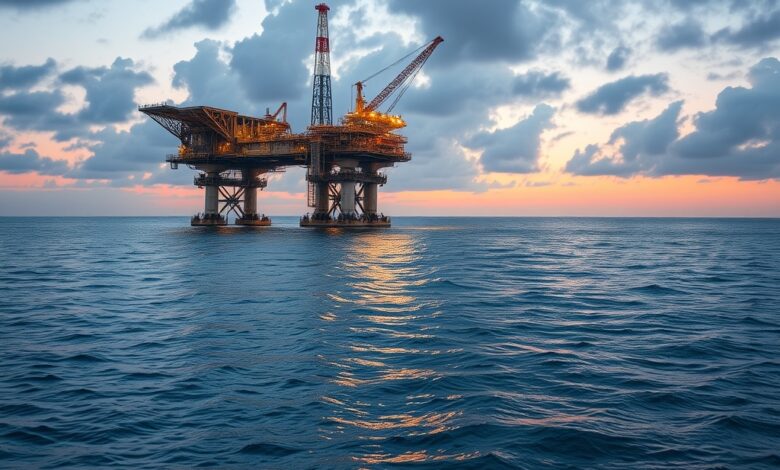 Plataforma industrial de extração de gás natural operando em alto-mar durante o entardecer