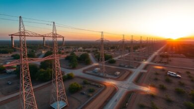 Vista panorâmica de infraestrutura moderna de transmissão de energia elétrica sob iluminação natural ao entardecer