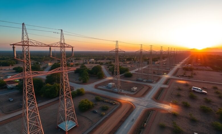Vista panorâmica de infraestrutura moderna de transmissão de energia elétrica sob iluminação natural ao entardecer