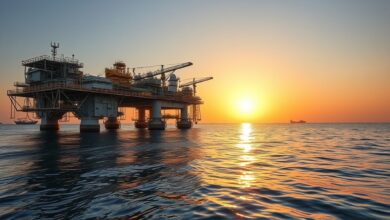 Instalação moderna de processamento de gás natural offshore durante o pôr do sol em águas calmas.