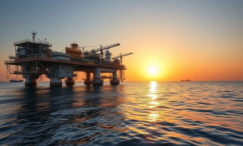 Instalação moderna de processamento de gás natural offshore durante o pôr do sol em águas calmas.