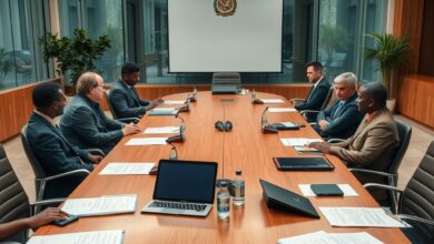 Mesa de reuniões com pastas de documentos e dispositivos digitais em ambiente governamental moderno