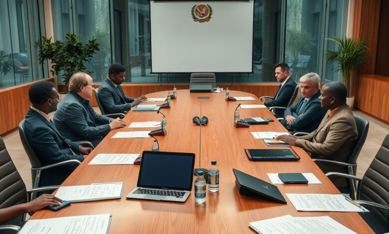 Mesa de reuniões com pastas de documentos e dispositivos digitais em ambiente governamental moderno