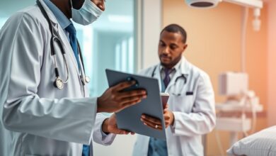 Médicos e profissionais de saúde analisando exames clínicos em hospital moderno durante atendimento oncológico.