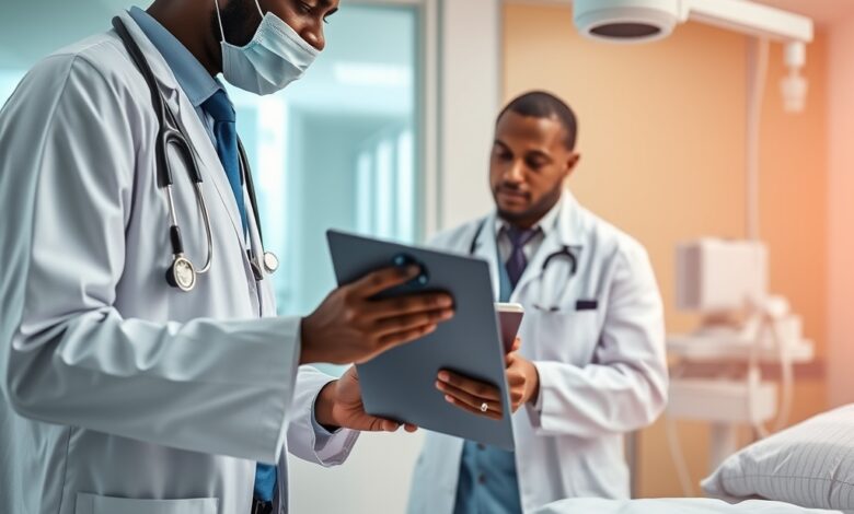 Médicos e profissionais de saúde analisando exames clínicos em hospital moderno durante atendimento oncológico.