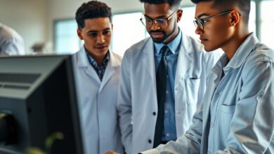 Jovens profissionais reunidos num laboratório tecnológico a analisar dados numéricos em ecrãs de computador.