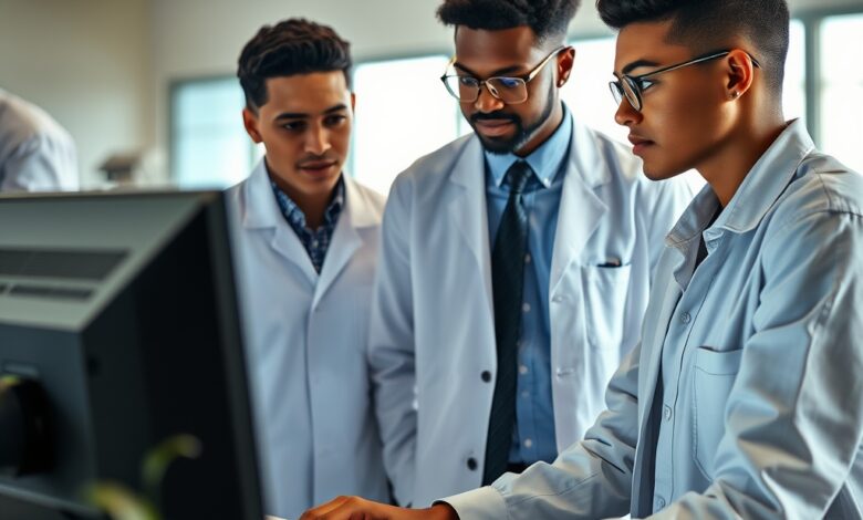 Jovens profissionais reunidos num laboratório tecnológico a analisar dados numéricos em ecrãs de computador.