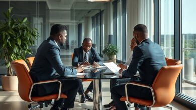 Executivos e analistas em reunião corporativa a discutir gráficos de crescimento e investimentos financeiros num escritório moderno.