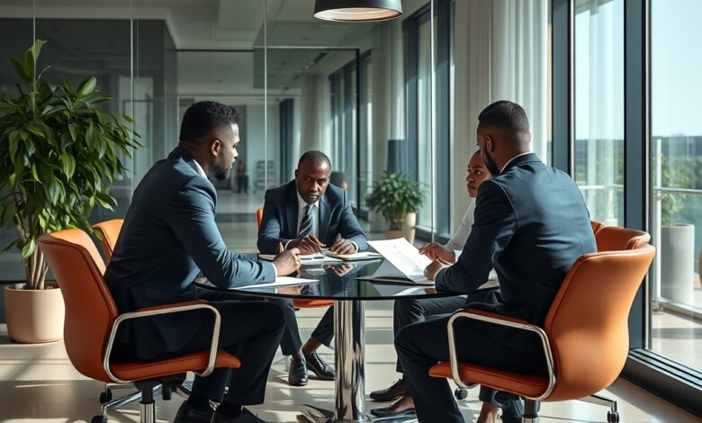 Executivos e analistas em reunião corporativa a discutir gráficos de crescimento e investimentos financeiros num escritório moderno.