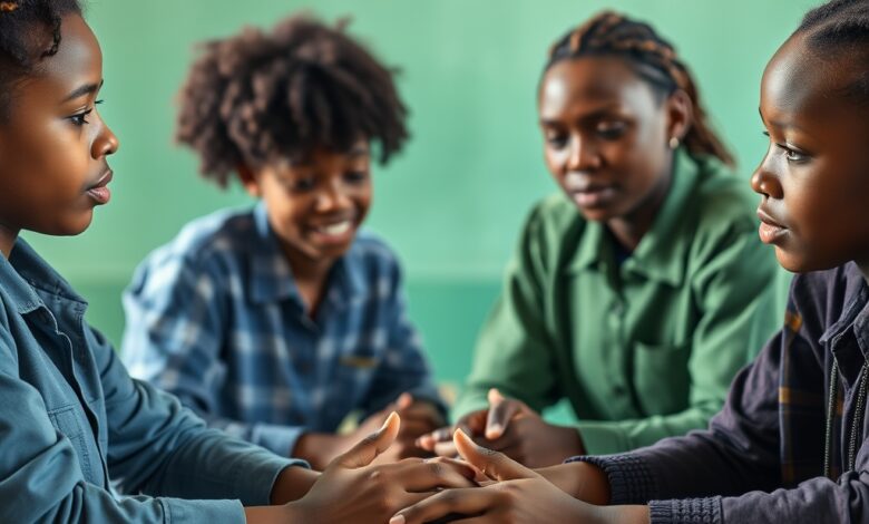 Mãos de jovens trabalhadores colaborando durante sessão de formação prática em oficina técnica comunitária.