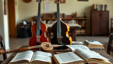 Instrumentos musicais tradicionais e livros dispostos sobre mesa de madeira em oficina cultural lusófona