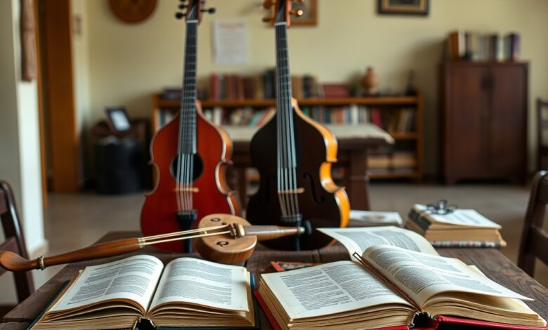 Instrumentos musicais tradicionais e livros dispostos sobre mesa de madeira em oficina cultural lusófona