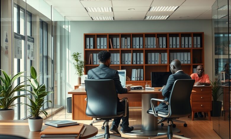 Documentos de análise económica e gráficos estatísticos sobre uma secretária moderna num escritório financeiro em Maputo.