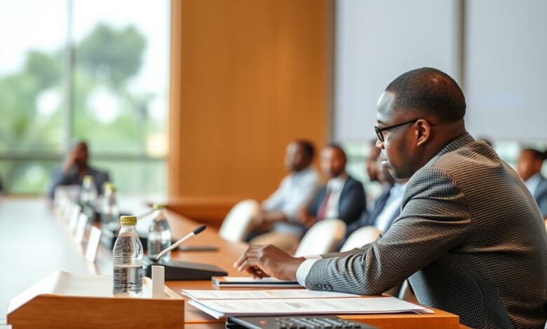Documentos financeiros e calculadora sobre mesa de conferências em reunião de planeamento macroeconómico internacional.