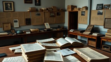 Documentos históricos e pastas de arquivo militar sobre uma mesa de madeira num centro de documentação.