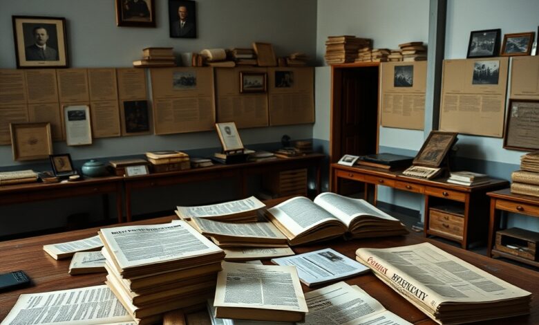 Documentos históricos e pastas de arquivo militar sobre uma mesa de madeira num centro de documentação.