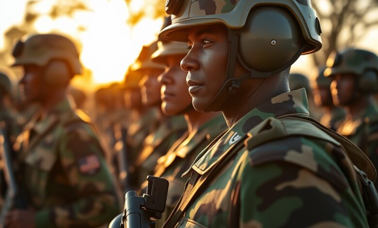 Militares em formatura num campo de treino militar profissional sob luz natural ao pôr do sol