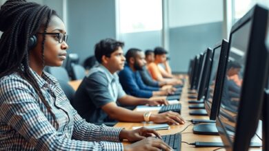 Jovens profissionais em ambiente de formação técnica moderna manuseando ferramentas e computadores em sala de aula