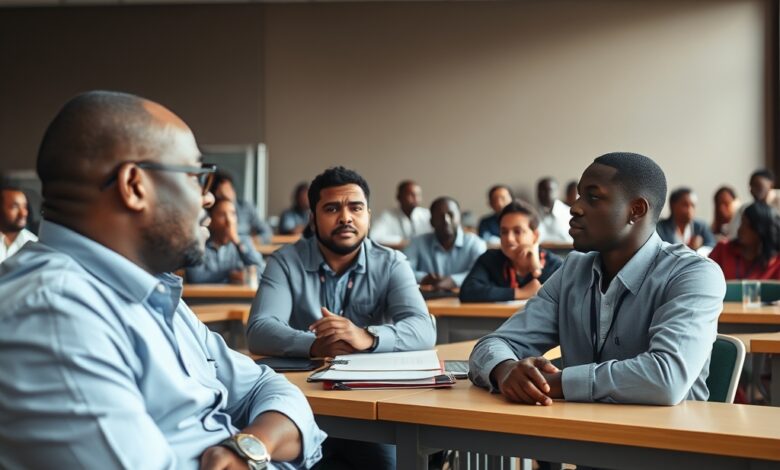 Profissionais em sala de aula de formação técnica moderna com equipamentos industriais em ambiente de cooperação bilateral.