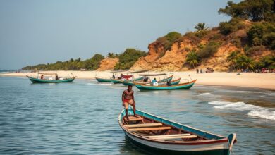 Barcos de pesca tradicional ancorados junto a uma costa com mangais e águas calmas em Moçambique