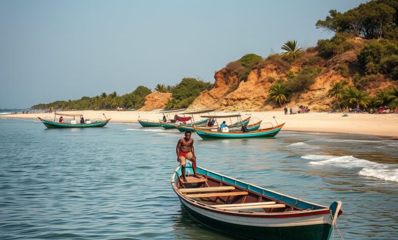 Barcos de pesca tradicional ancorados junto a uma costa com mangais e águas calmas em Moçambique