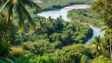 Vista panorâmica de floresta tropical e mangais protegidos em Moçambique com rio a desaguar no oceano