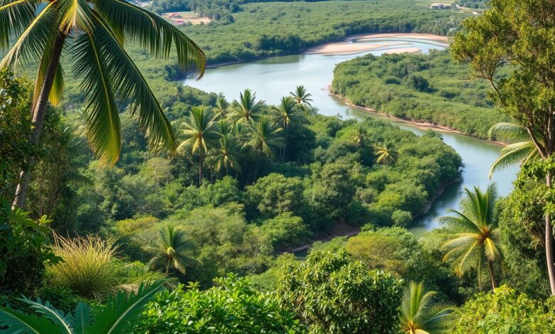Vista panorâmica de floresta tropical e mangais protegidos em Moçambique com rio a desaguar no oceano
