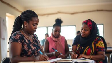 Mulheres empreendedoras a trabalhar num projecto comunitário numa sala luminosa com blocos de notas e materiais de trabalho.