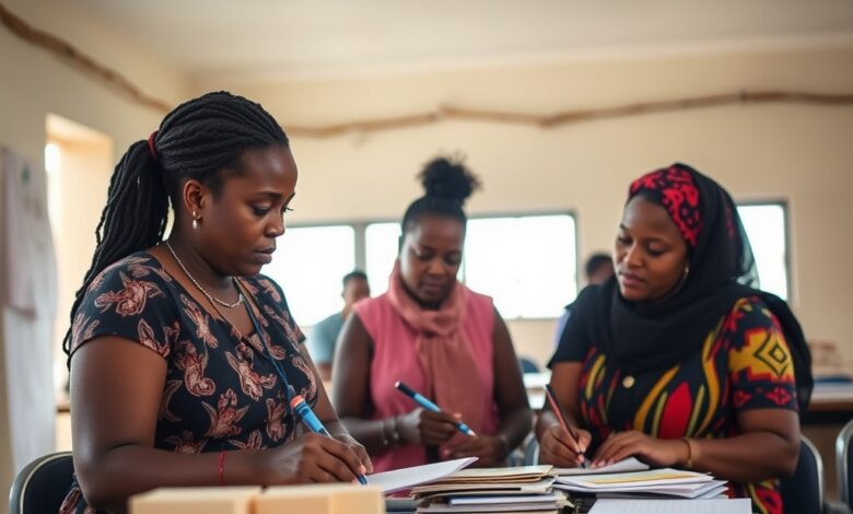 Mulheres empreendedoras a trabalhar num projecto comunitário numa sala luminosa com blocos de notas e materiais de trabalho.