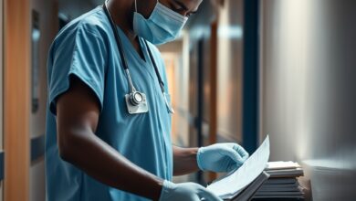 Profissional de saúde com uniforme clínico a organizar fichas médicas num corredor iluminado de hospital público.