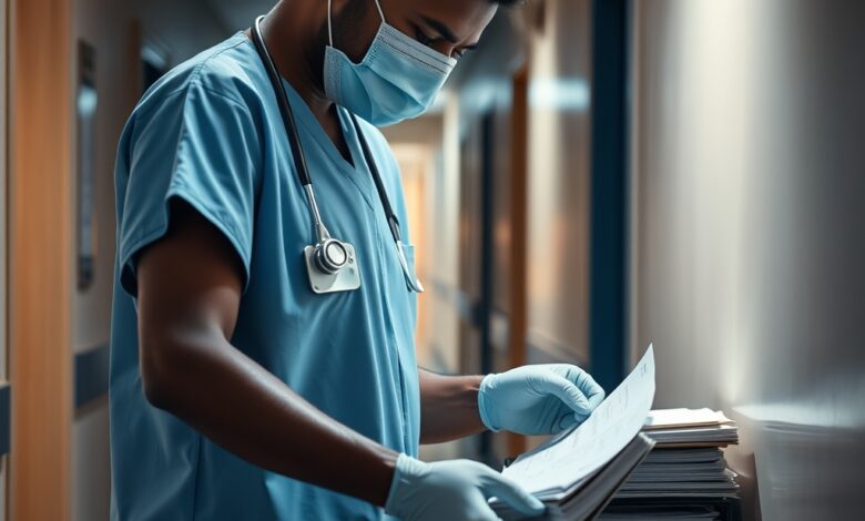 Profissional de saúde com uniforme clínico a organizar fichas médicas num corredor iluminado de hospital público.