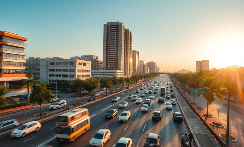 Vista panorâmica de uma avenida movimentada em Maputo com tráfego urbano e edifícios modernos ao pôr do sol