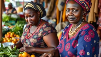 Mulheres empreendedoras a trabalhar num mercado tradicional de produtos frescos e artesanato em Moçambique