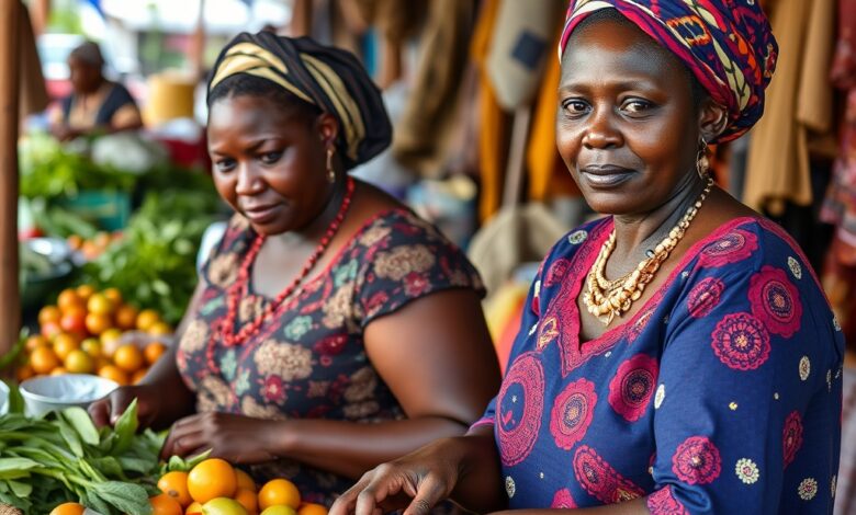 Mulheres empreendedoras a trabalhar num mercado tradicional de produtos frescos e artesanato em Moçambique