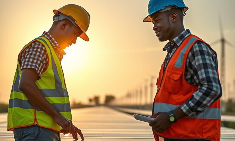 Trabalhadores técnicos analisam infraestruturas elétricas e painéis solares em Moçambique sob luz natural matinal