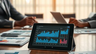 Mesa de conferência executiva com pastas de relatórios financeiros e um tablet exibindo gráficos económicos digitais.