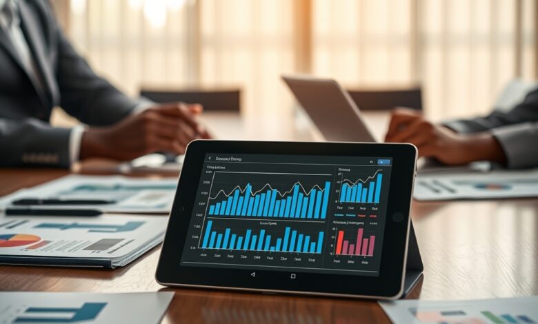 Mesa de conferência executiva com pastas de relatórios financeiros e um tablet exibindo gráficos económicos digitais.