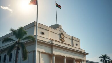 Edifício governamental e bandeira institucional sob luz natural simbolizando debate democrático e ordem pública em Moçambique.