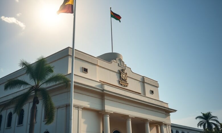 Edifício governamental e bandeira institucional sob luz natural simbolizando debate democrático e ordem pública em Moçambique.