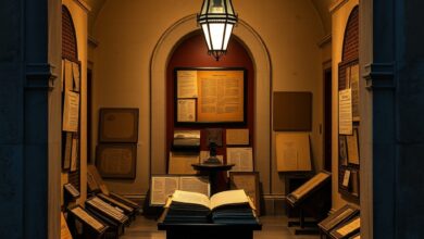 Pastas e documentos historicos antigos guardados cuidadosamente nas prateleiras de um arquivo publico iluminado