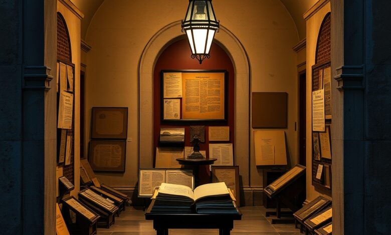Pastas e documentos historicos antigos guardados cuidadosamente nas prateleiras de um arquivo publico iluminado