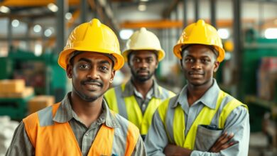 Trabalhadores e jovens operários em ambiente fabril e logístico representando a produtividade económica industrial.
